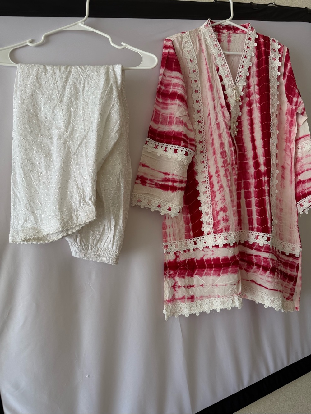 Pink Tie-Dye Lace Trim Tunic with White Eyelet Pants
